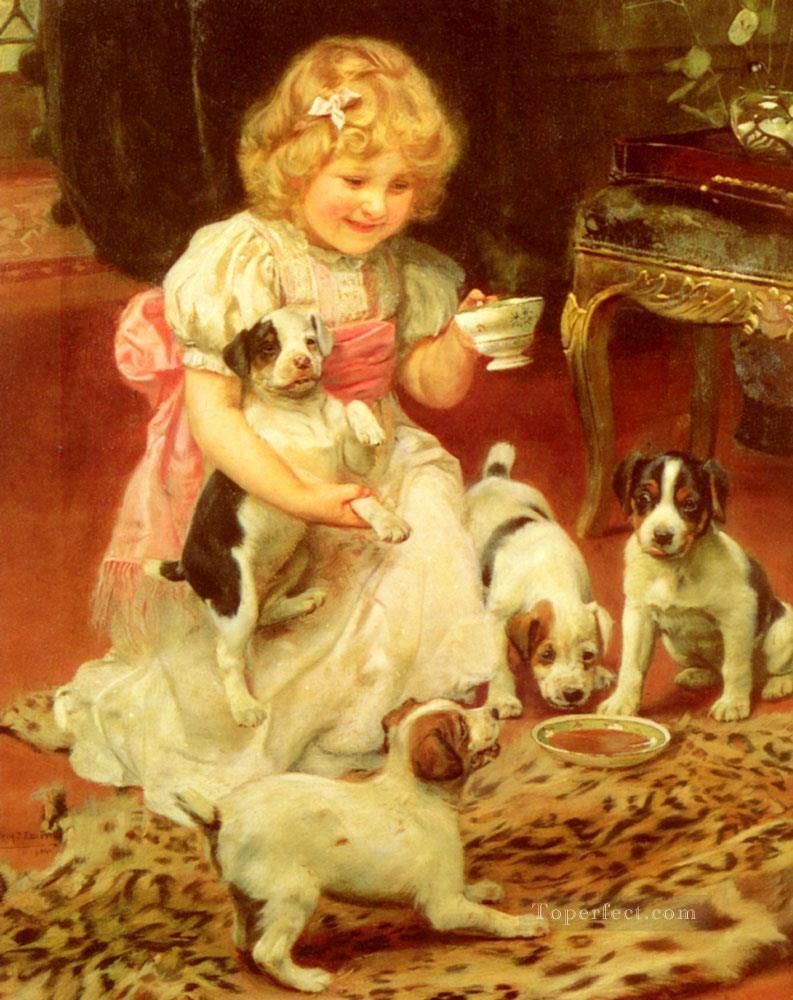 Tea Time idyllique enfants Arthur John Elsley enfants animaux Peintures à l'huile